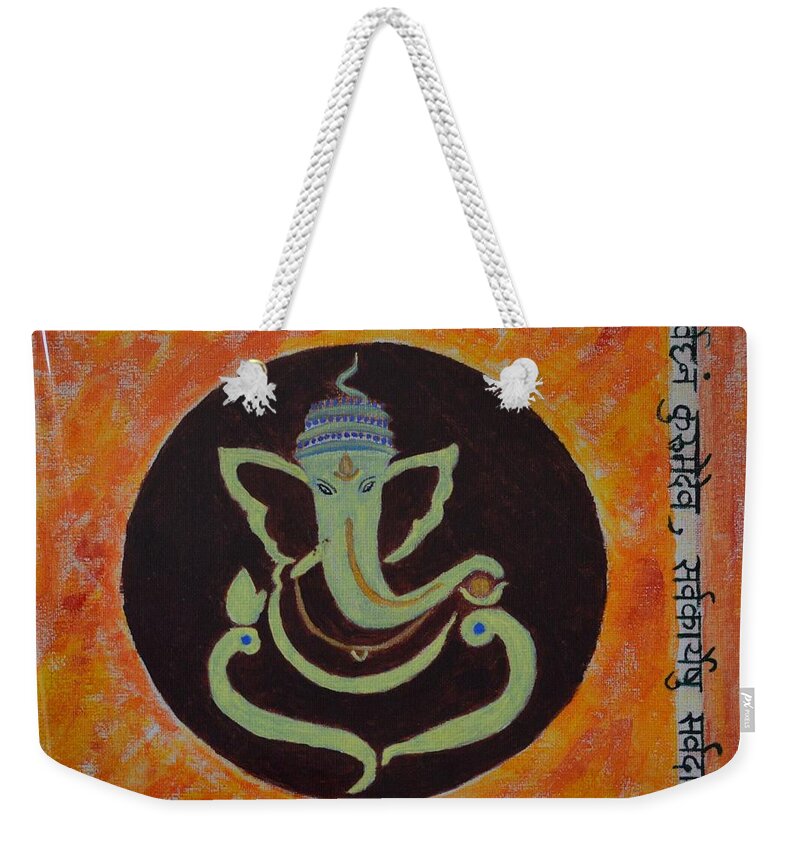 Blessings From Lord Ganesha Weekender Tote Bag featuring the painting Shri Ganeshay Namah by Sonali Gangane