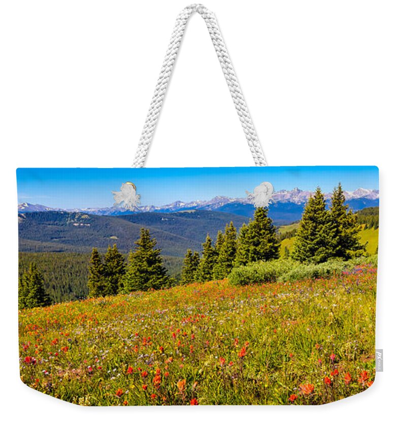 Mountain Weekender Tote Bag featuring the photograph Shrine Ridge with View of Mt. of the Holy Cross Panorama by Fred J Lord