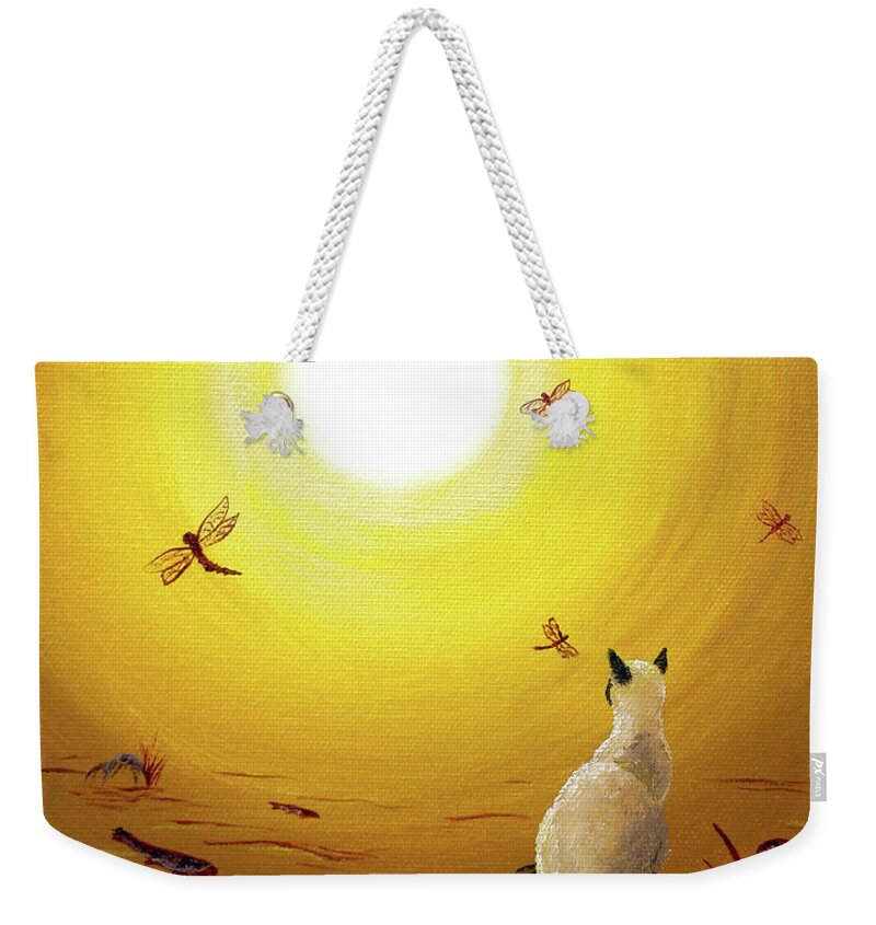 Siamese Cat Weekender Tote Bag featuring the painting Siamese Cat with Red Dragonflies by Laura Iverson