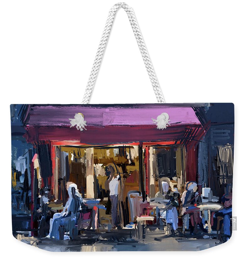 Abstract Street Scene Weekender Tote Bag featuring the mixed media Sidewalk Scene by Russell Pierce