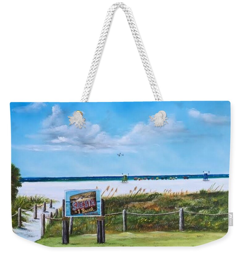 Siesta Key Weekender Tote Bag featuring the painting Siesta Key Public Beach by Lloyd Dobson