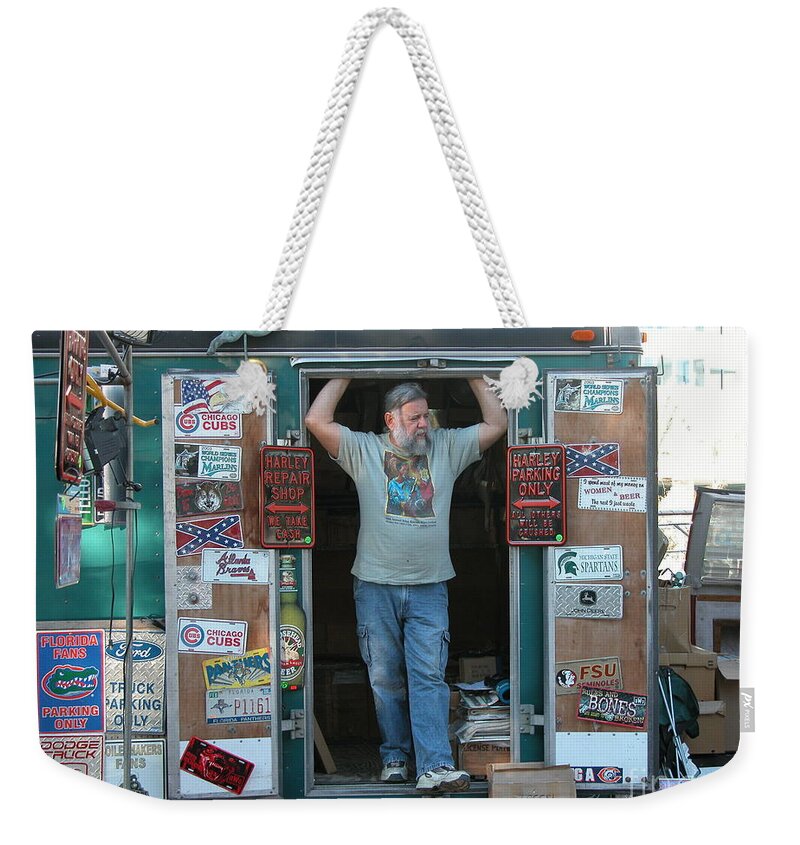 Signs Weekender Tote Bag featuring the photograph Sign Seller by Jim Goodman