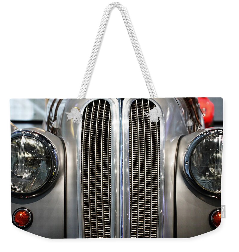 Bmw Weekender Tote Bag featuring the photograph Silver BMW Grill by Lauri Novak
