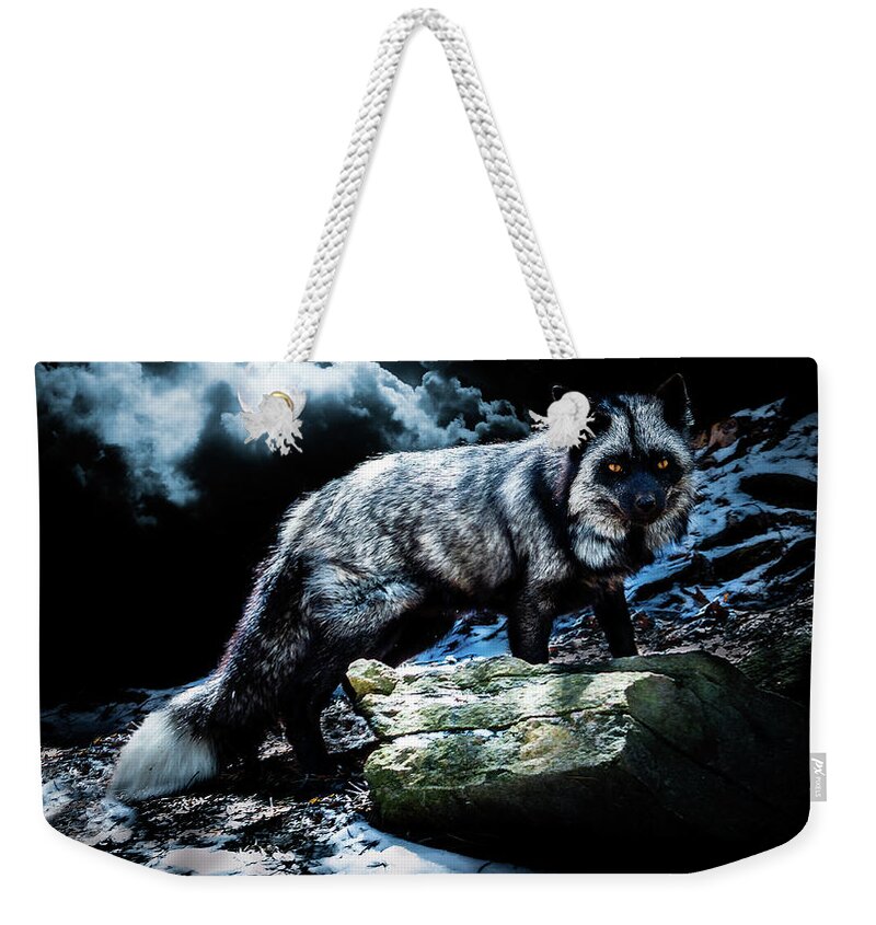 Canada Weekender Tote Bag featuring the photograph Silver Fox in Moonlight. by Tracy Munson