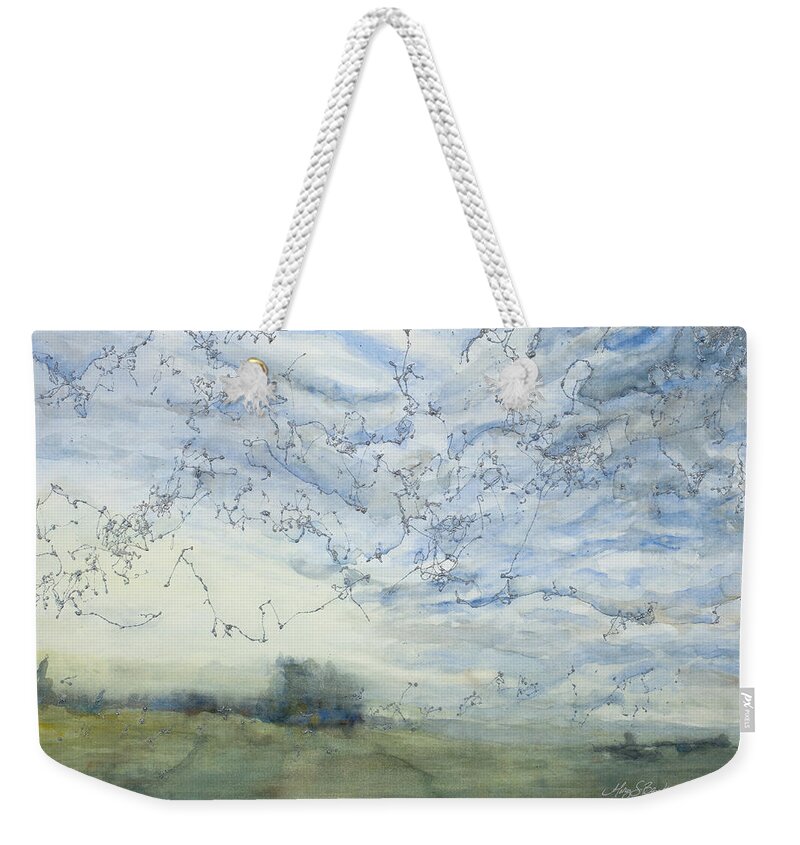 Sky Weekender Tote Bag featuring the painting Silver Sky by Mary Benke