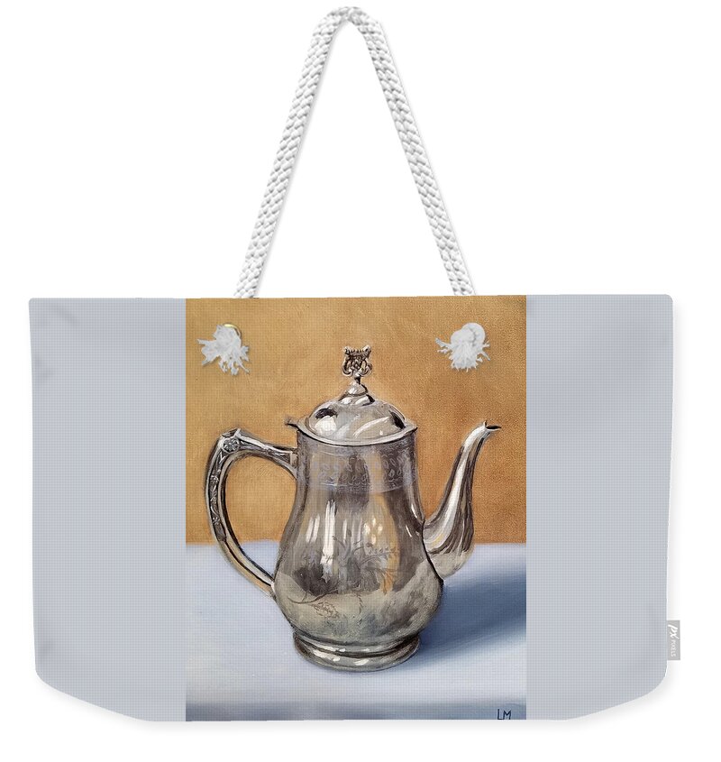 Oil Weekender Tote Bag featuring the painting Silver Teapot by Linda Merchant