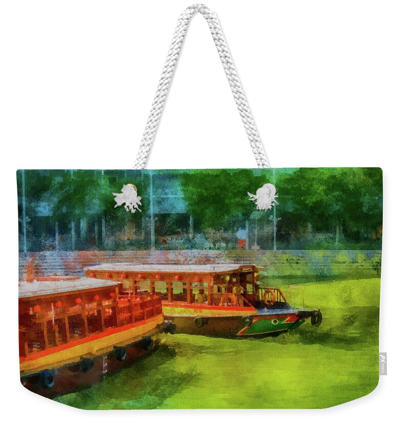 Boats Weekender Tote Bag featuring the mixed media Singapore River Boats by Joseph Hollingsworth