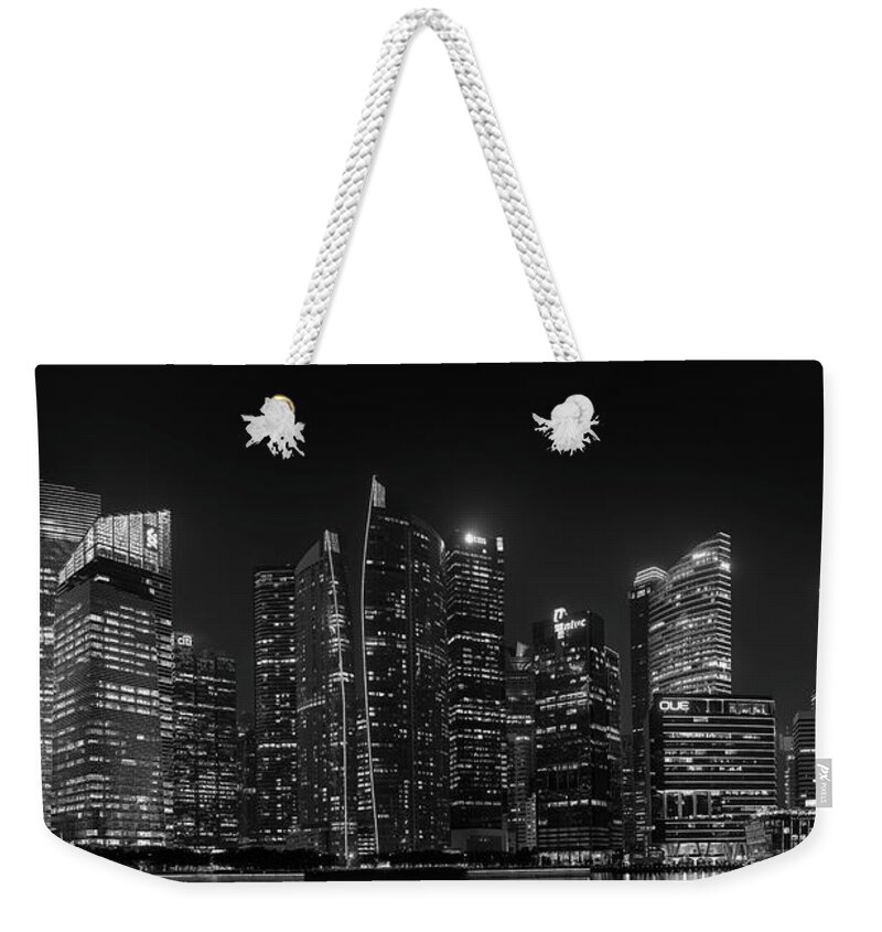 Panorama Weekender Tote Bag featuring the photograph Singapore Skyline Panorama Black and White by Rick Deacon