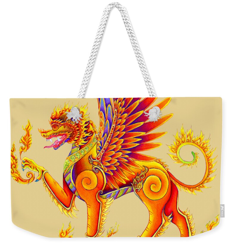 Singha Weekender Tote Bag featuring the drawing Singha Balinese Winged Lion by Rebecca Wang
