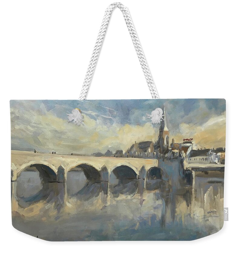 Maastricht Weekender Tote Bag featuring the painting Sint Servaas Bridge Maastricht by Nop Briex
