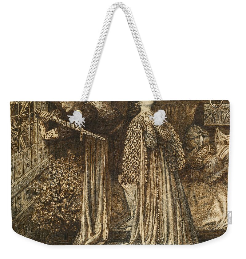 Dante Gabriel Rossetti Weekender Tote Bag featuring the drawing Sir Launcelot in the Queen's Chamber by Dante Gabriel Rossetti