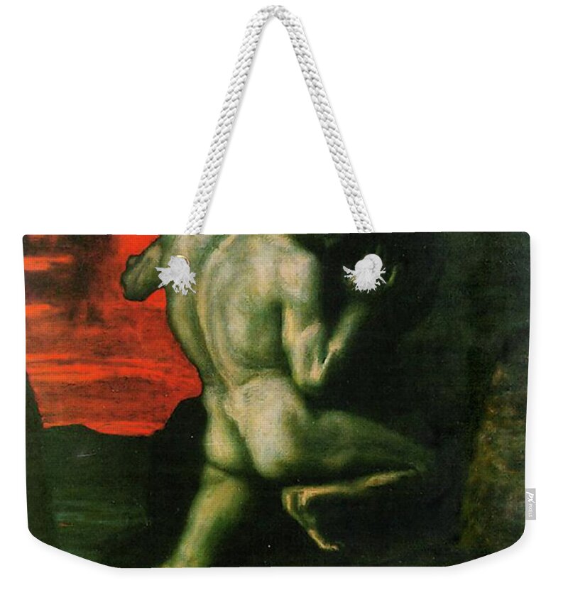 Franz Von Stuck Weekender Tote Bag featuring the painting Sisyphus by Franz von Stuck