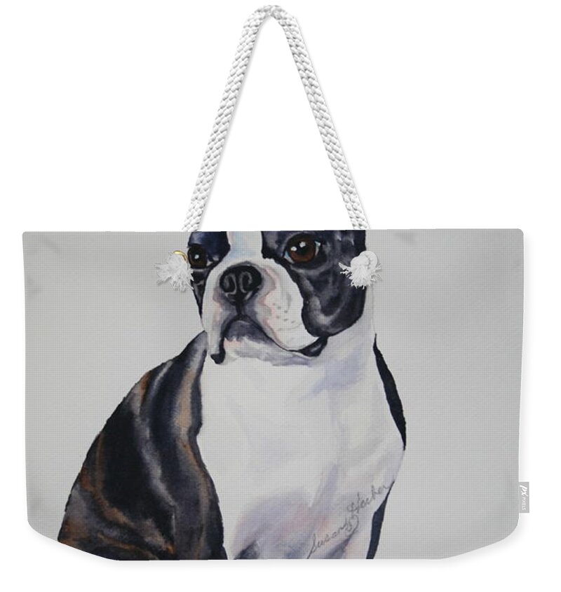 Boston Terrier Weekender Tote Bag featuring the painting Sit by Susan Herber