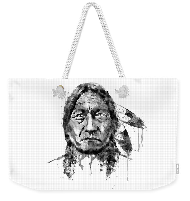 Marian Voicu Weekender Tote Bag featuring the painting Sitting Bull Black and White by Marian Voicu