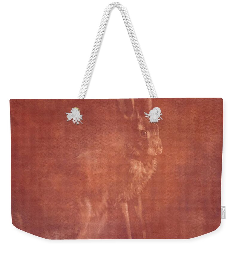 Hare Weekender Tote Bag featuring the painting Sitting Hare by Attila Meszlenyi