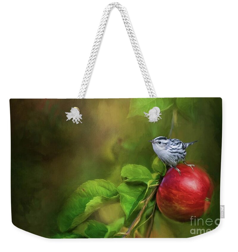 Black And White Warbler Weekender Tote Bag featuring the photograph Sitting on an Apple by Eva Lechner
