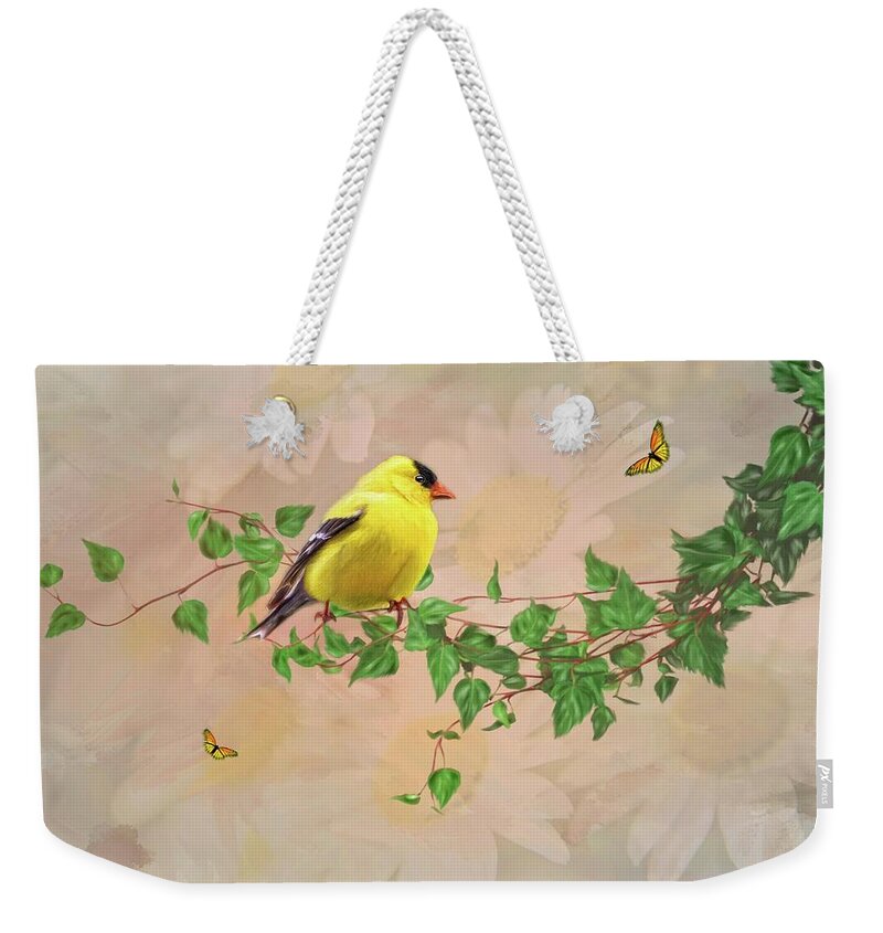 Male Gold Finch Weekender Tote Bag featuring the photograph Sitting Pretty by Mary Timman