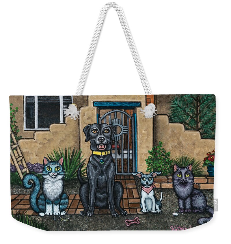Southwest Weekender Tote Bag featuring the painting Sitting Pretty by Victoria De Almeida