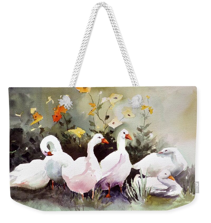 Animal Weekender Tote Bag featuring the painting Six Quackers by Connie Williams