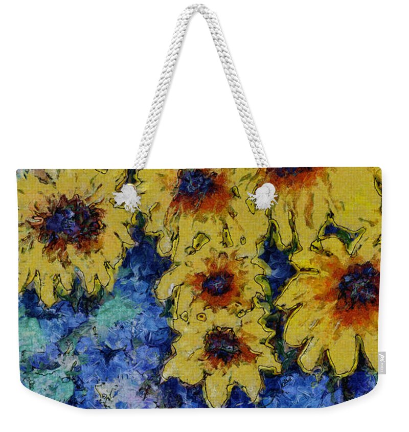 Sunflowers Weekender Tote Bag featuring the photograph Six Sunflowers on Blue by Claire Bull