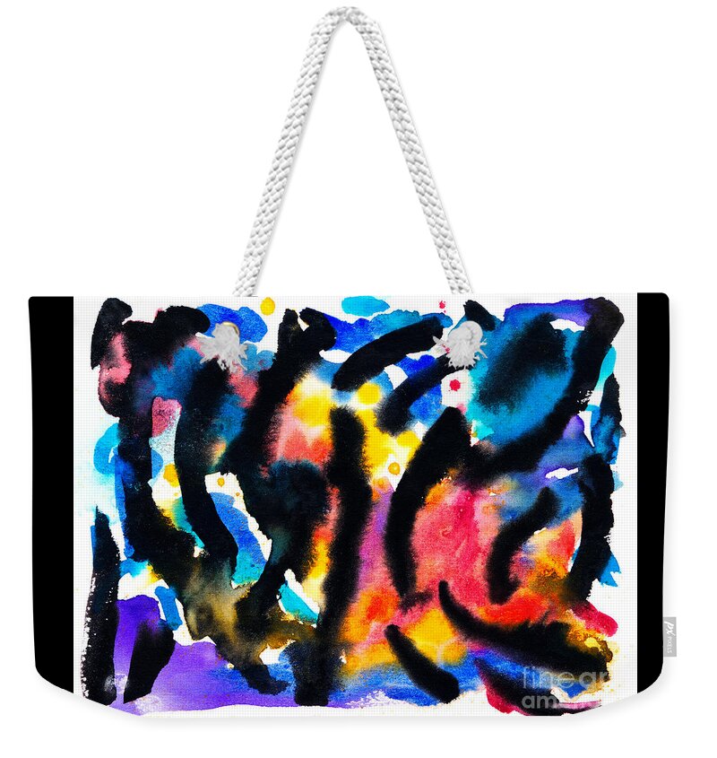 Original Bold Vibrant Stripey Contemporary Abstract Artwork On Paper.bright Blue Red Pink Yellow And A White Background. Weekender Tote Bag featuring the painting Sixteen by Priscilla Batzell Expressionist Art Studio Gallery