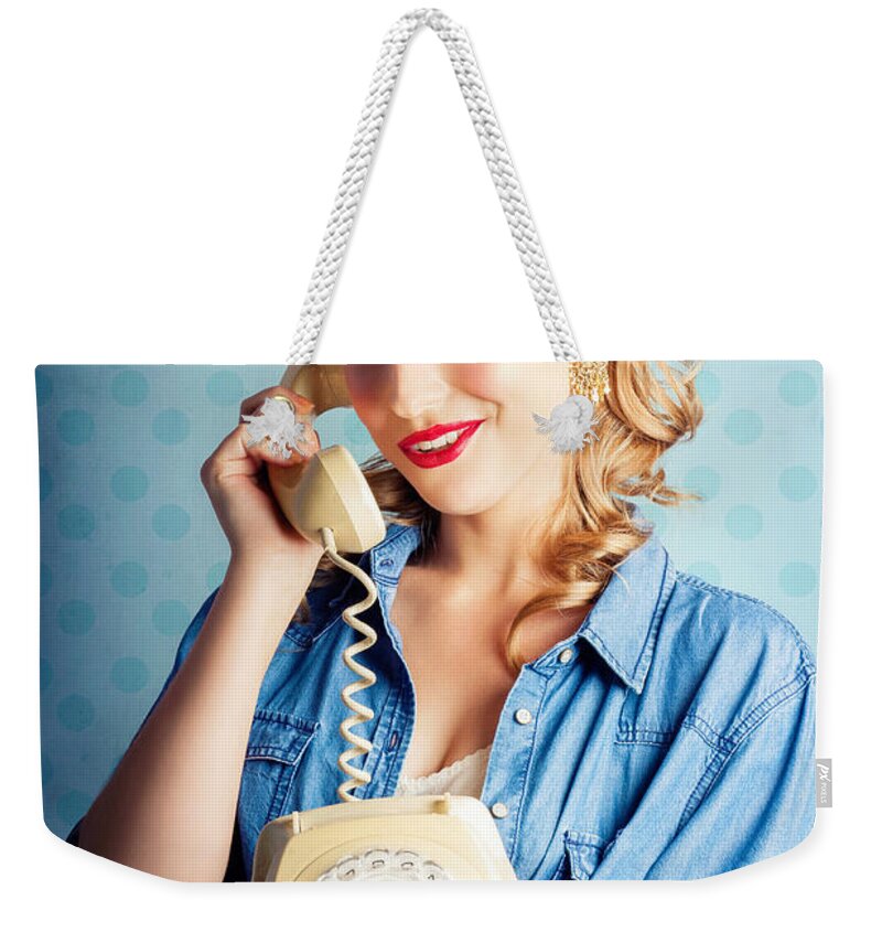 Office Weekender Tote Bag featuring the photograph Sixties Woman Holding Vintage Telephone Handset by Jorgo Photography