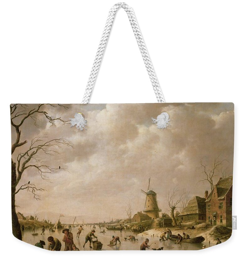 Skaters Weekender Tote Bag featuring the painting Skaters on a Frozen Canal by Hendrik Willem Schweickardt