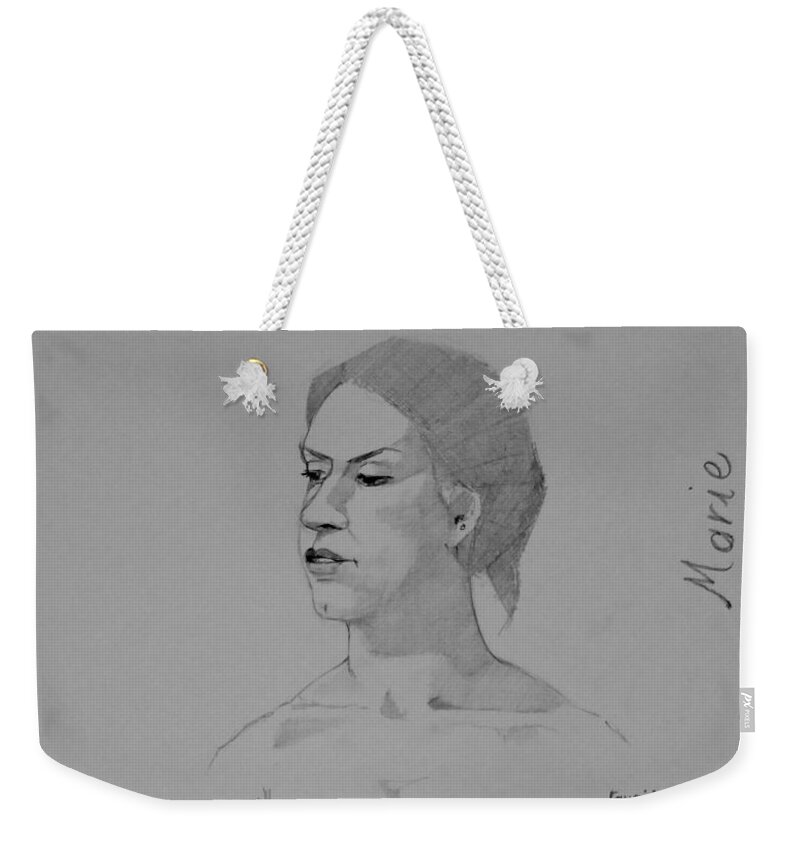 Female Weekender Tote Bag featuring the drawing Sketch for Marie seated by Ray Agius