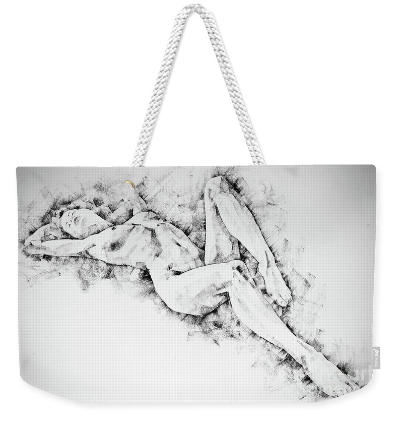 Art Weekender Tote Bag featuring the drawing SketchBook Page 48 Pose drawing lying female figure with hands raised by Dimitar Hristov
