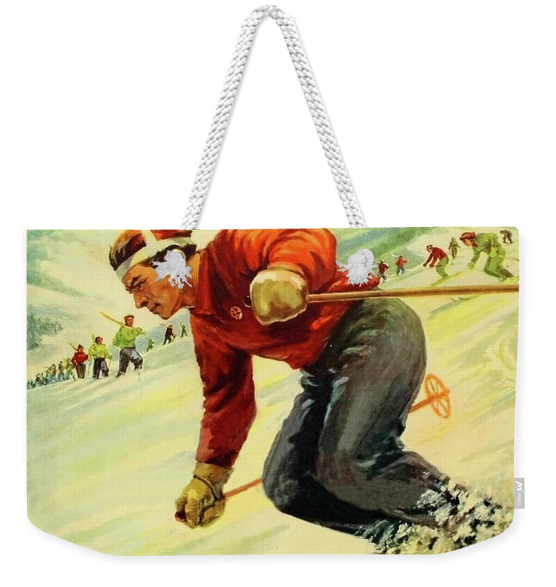 Ski Weekender Tote Bag featuring the painting Ski race, sport, winter holiday poster by Long Shot
