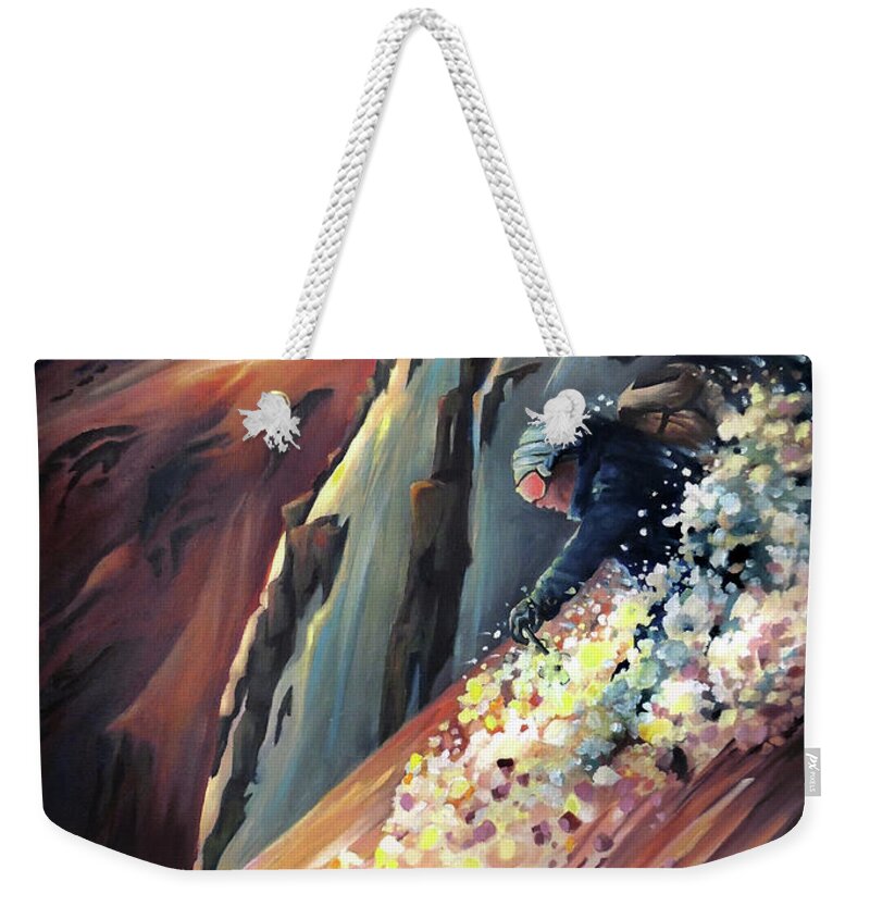 Steeps Weekender Tote Bag featuring the painting Skier On The Steeps by Nancy Griswold