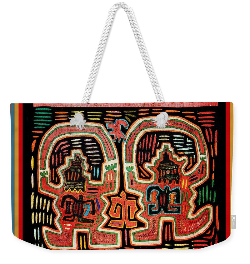 Kuna Mola Art Weekender Tote Bag featuring the digital art Skipping Rope with Turtles by Vagabond Folk Art - Virginia Vivier