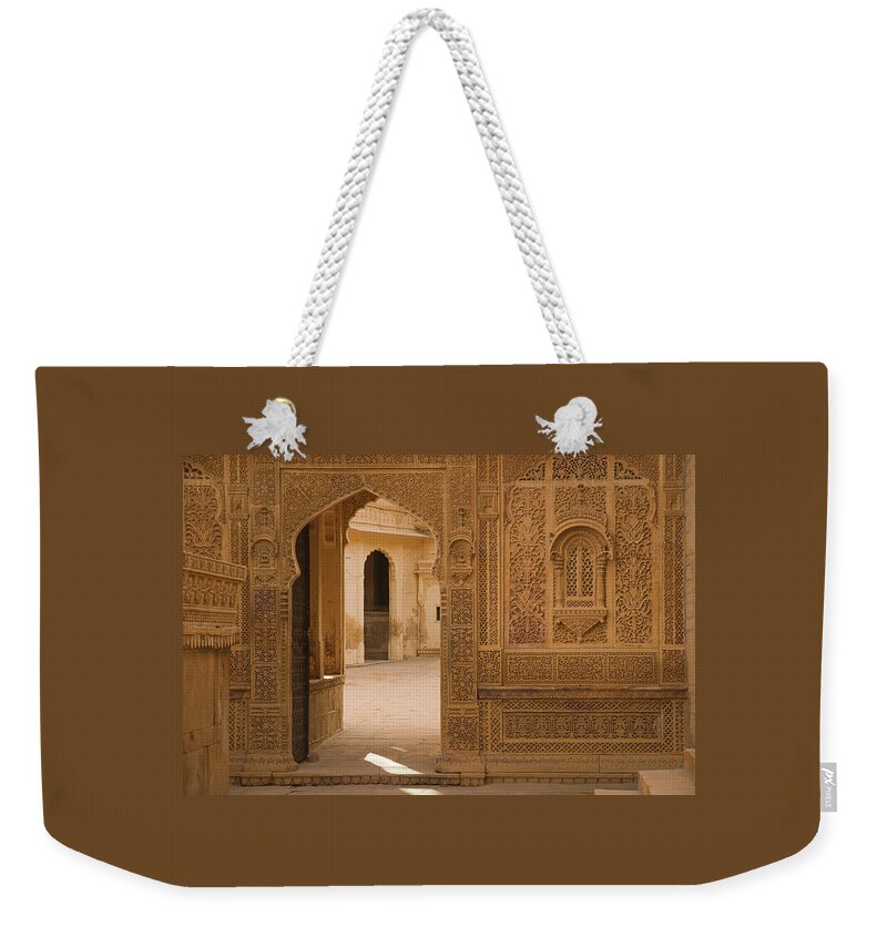 Threshold Weekender Tote Bag featuring the photograph SKN 1317 Threshold of Carvings by Sunil Kapadia