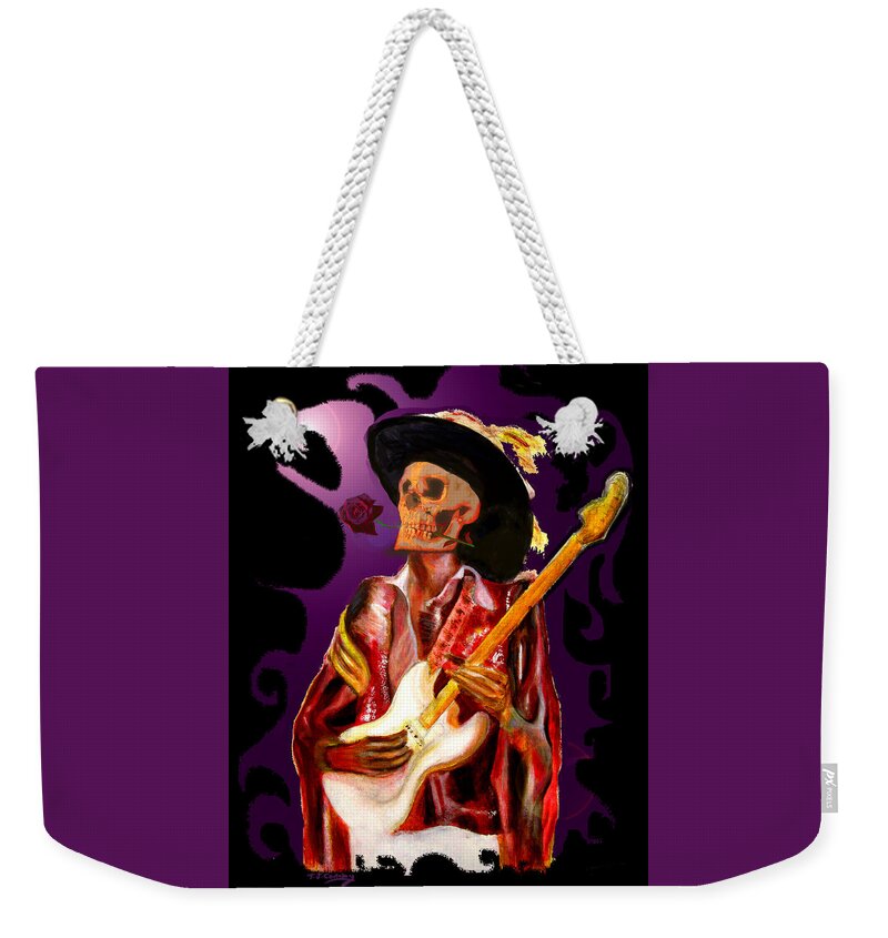 Skull Weekender Tote Bag featuring the painting Skull Guitar Player with Rose by Tom Conway