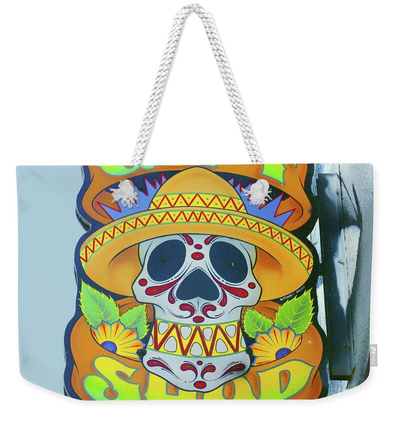 Sign Weekender Tote Bag featuring the photograph Skull in Sombrero- Gift Shop Sign by Nikolyn McDonald