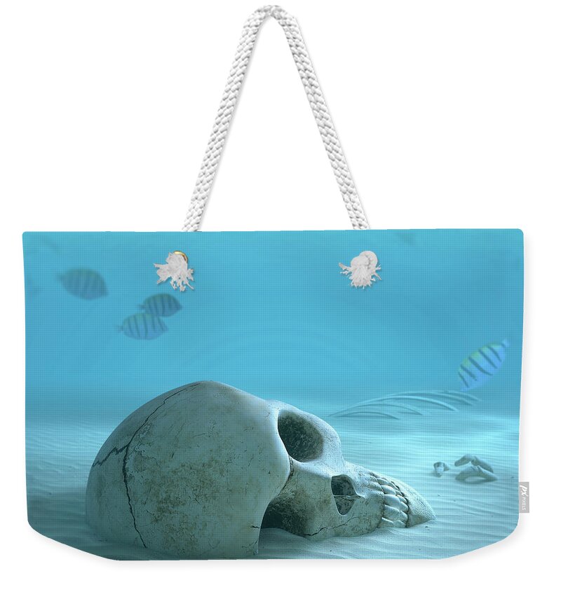 Skull Weekender Tote Bag featuring the photograph Skull on sandy ocean bottom by Johan Swanepoel
