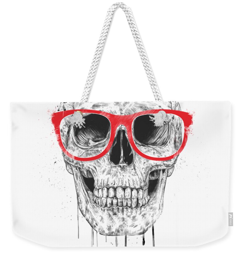 Skull Weekender Tote Bag featuring the mixed media Skull with red glasses by Balazs Solti