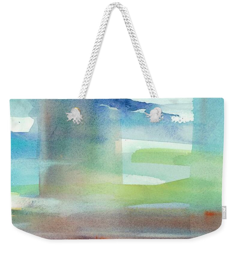 Utigard Watercolor Abstract Art Painting Modern Design Modular Strength Heal Empower Women Growth Spirit Form Color Line Texture Pattern Sky Window Green Blue Mountain Landscape Vision Rolling Hill Happy Peace Calm Vista Portrait Weekender Tote Bag featuring the painting Sky Window 1 by Carolyn Utigard Thomas