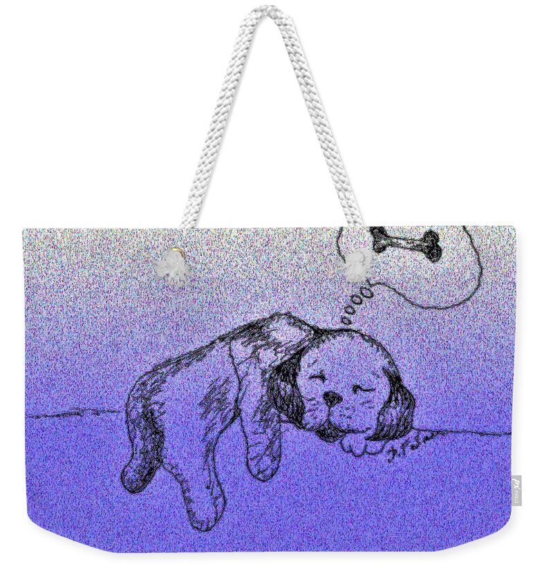 Animal Weekender Tote Bag featuring the drawing Sleepy Puppy Dreams by Denise F Fulmer