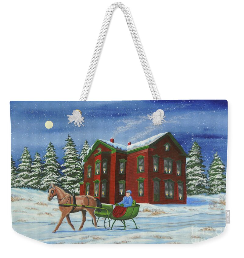 Sleigh Ride Weekender Tote Bag featuring the painting Sleigh Ride With A Full Moon by Charlotte Blanchard