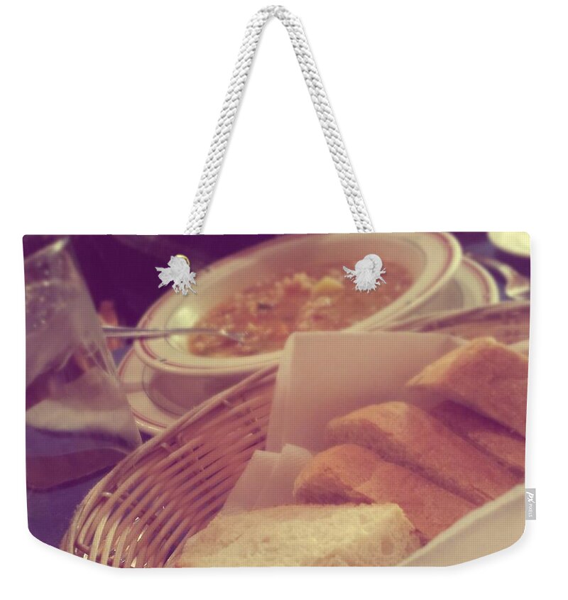 Yummy Weekender Tote Bag featuring the photograph Sliced French Bread Steaming Soup by Marisela Mungia