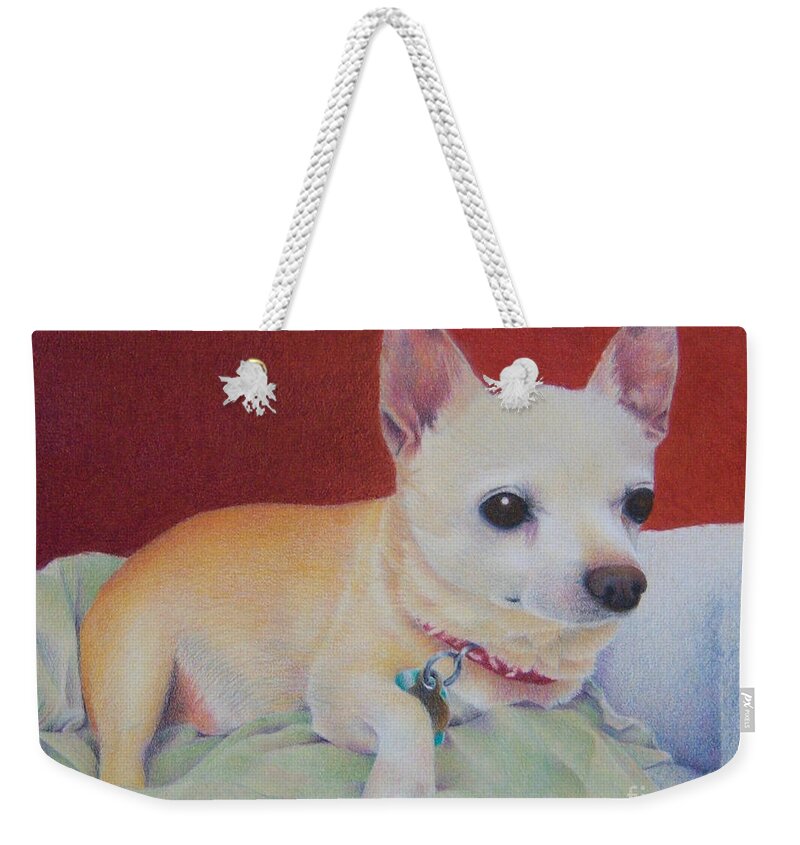 Dog Weekender Tote Bag featuring the painting Small Package by Pamela Clements
