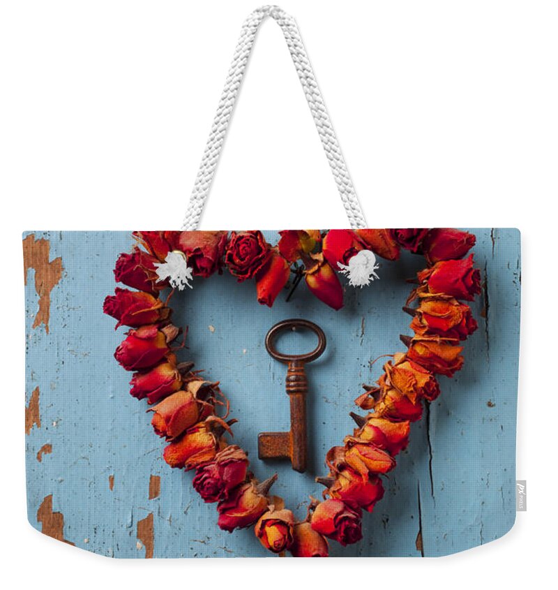 Love Rose Heart Wreath Weekender Tote Bag featuring the photograph Small rose heart wreath with key by Garry Gay