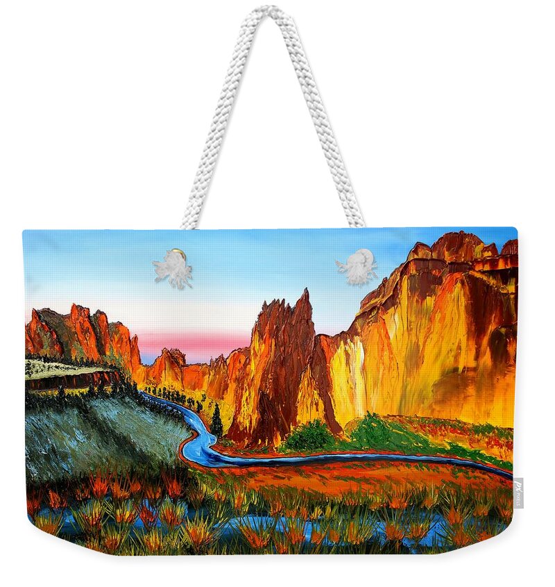  Weekender Tote Bag featuring the painting Smith Rock At Sunset 3 by James Dunbar