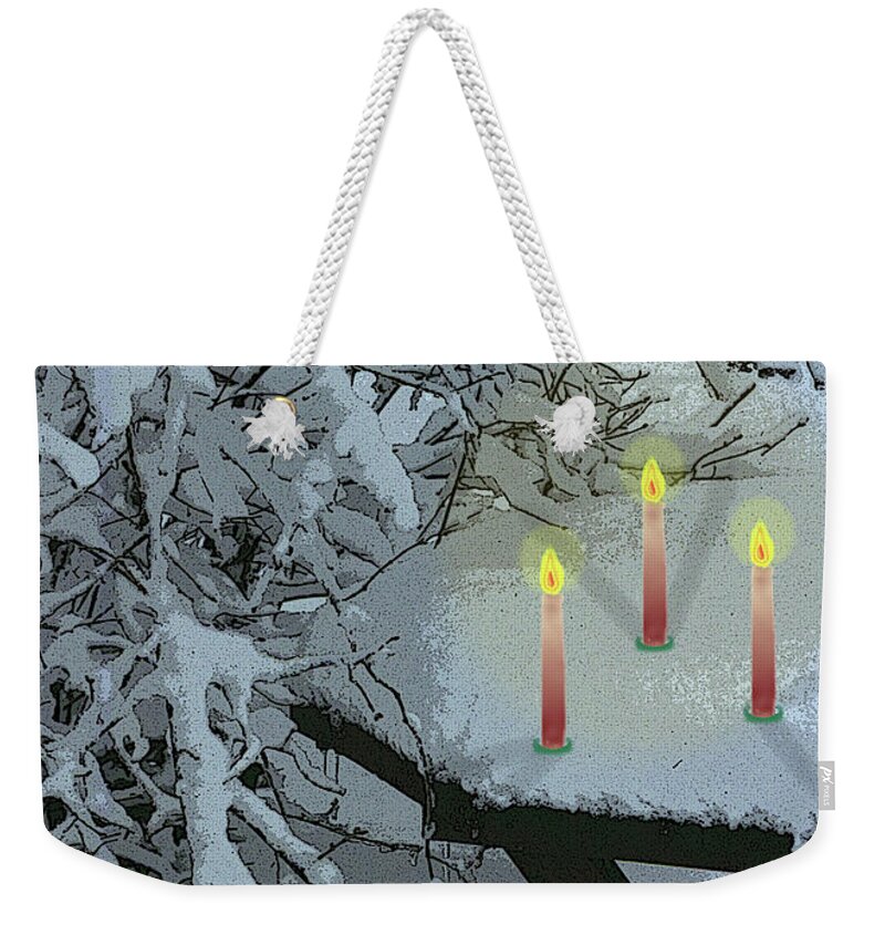 Christmas Weekender Tote Bag featuring the photograph Snow and Candlelight by Terri Harper