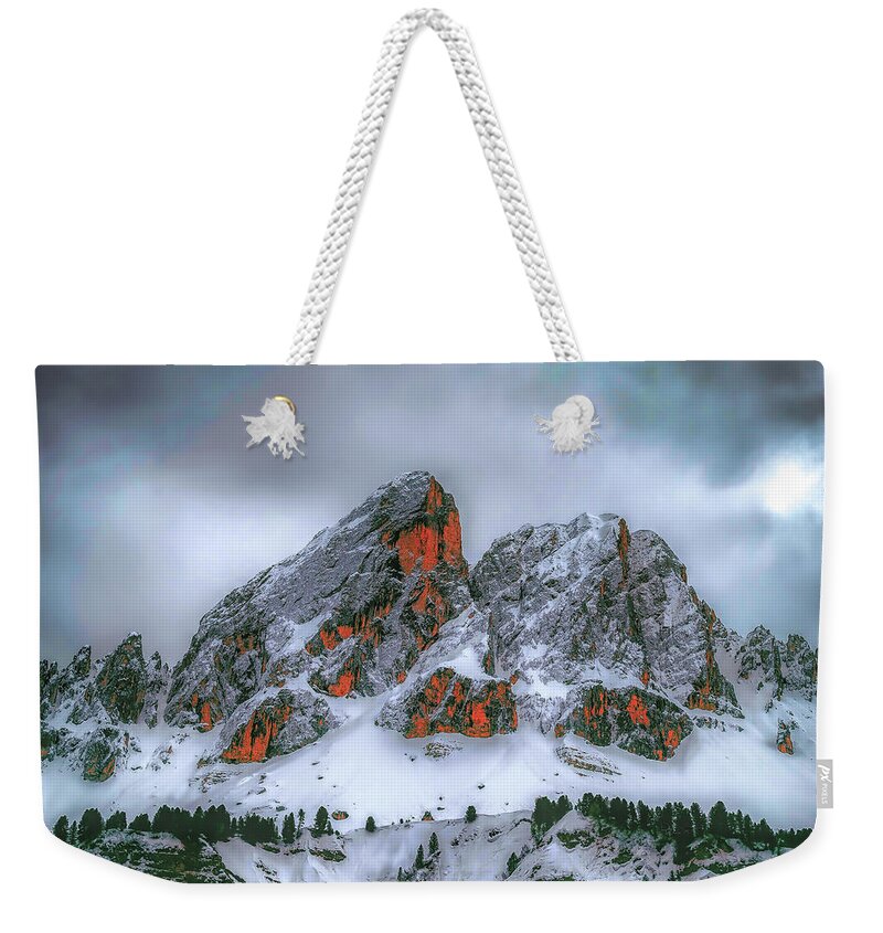 Rock Weekender Tote Bag featuring the digital art Snow and Red Rock by David Luebbert