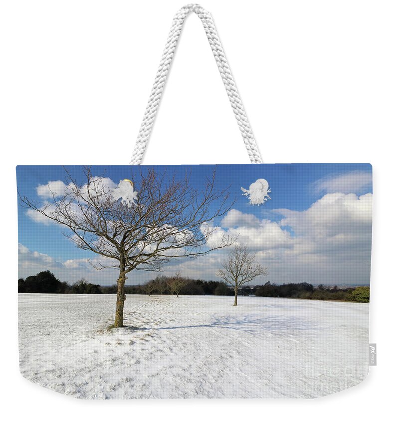 Snow And Sunshine On Epsom Downs Surrey Landscape Snowy Scene Weekender Tote Bag featuring the photograph Snow and Sunshine on Epsom Downs Surrey 10 by Julia Gavin