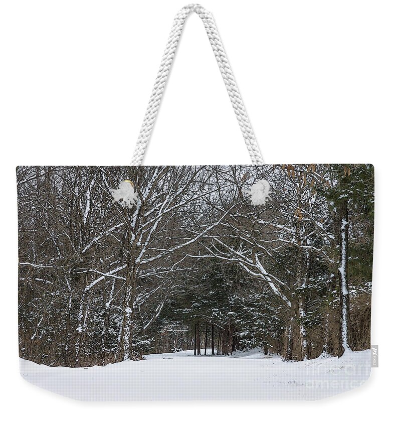 Winter Weekender Tote Bag featuring the mixed media Snow Covered Road Painterly by Jennifer White