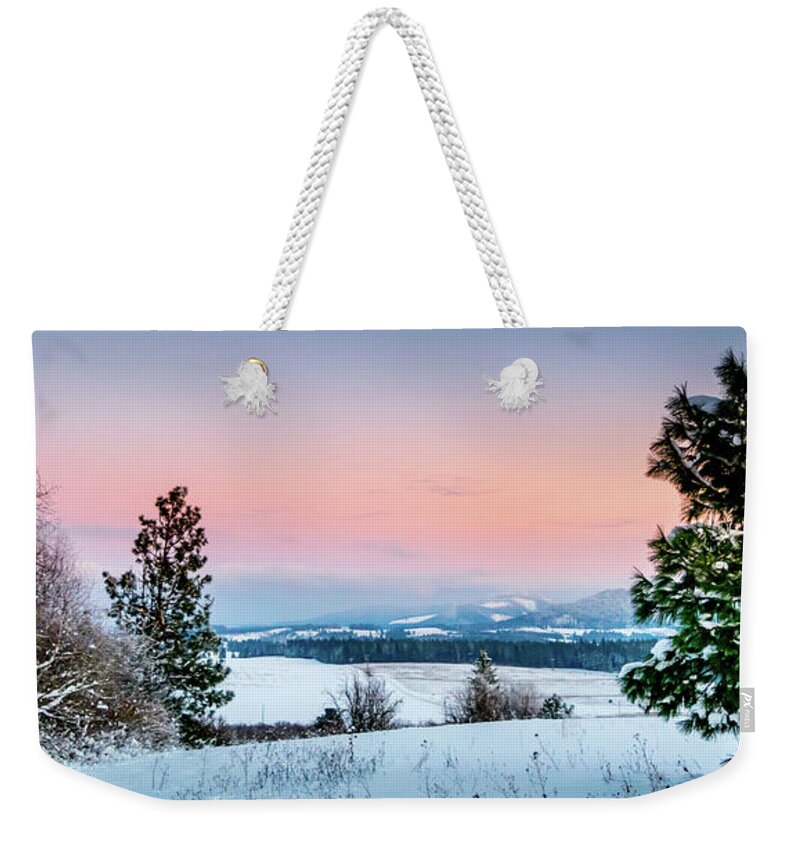 Pine Tree Weekender Tote Bag featuring the photograph Snow Covered Valley by Lester Plank