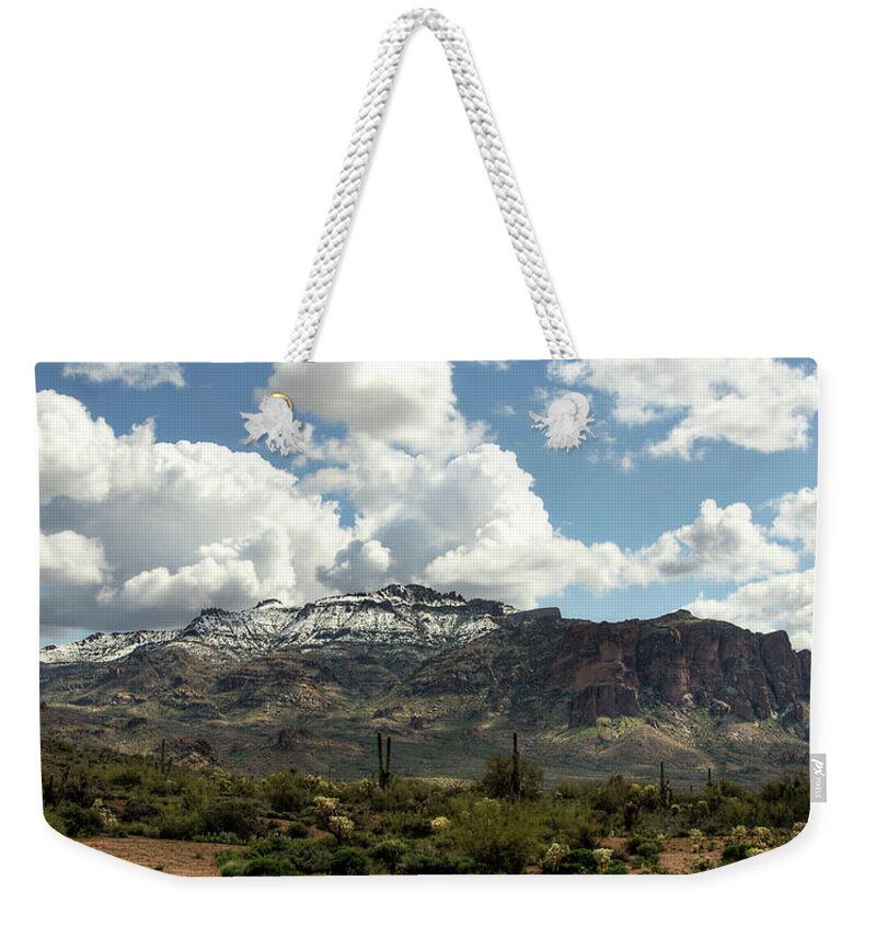 Arizona Weekender Tote Bag featuring the photograph Snow Dusted Superstitions by Saija Lehtonen